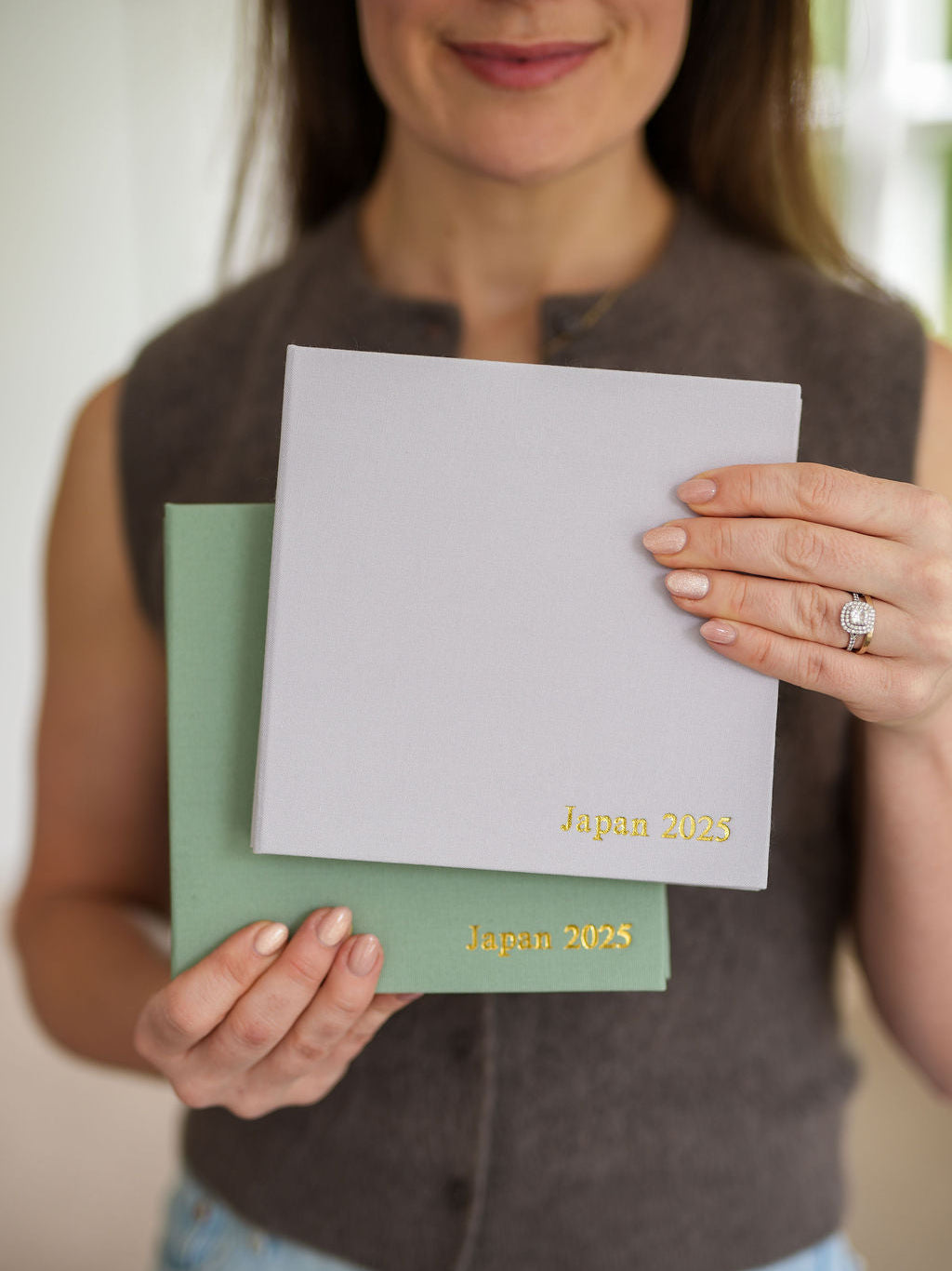 Two Travel Photo Albums in lilac and matcha linen, personalised Japan 2025 in gold foil