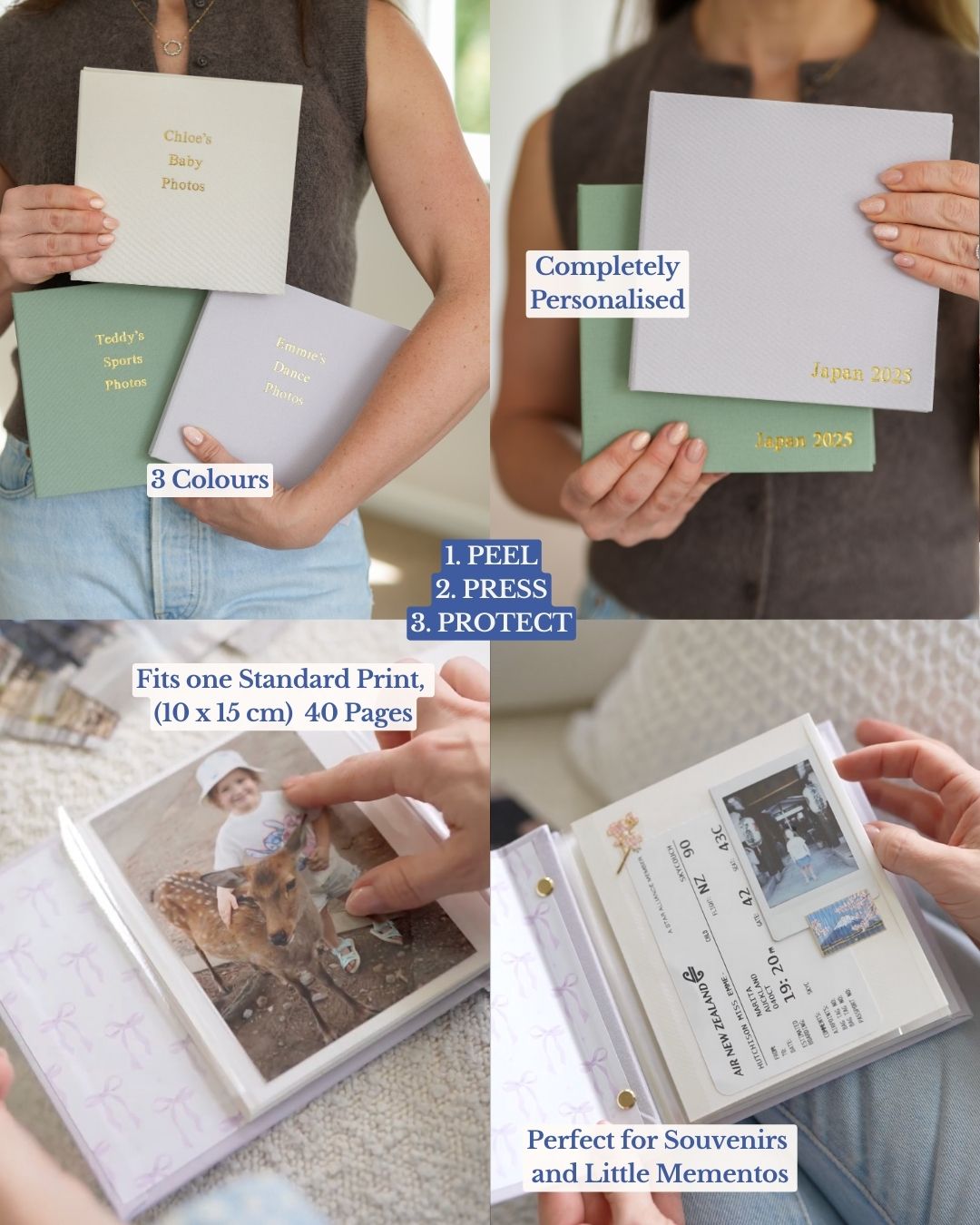 Travel Photo Album details: three linen colours, gold foil personalisation, 40 pages, room for boarding passes and souvenirs