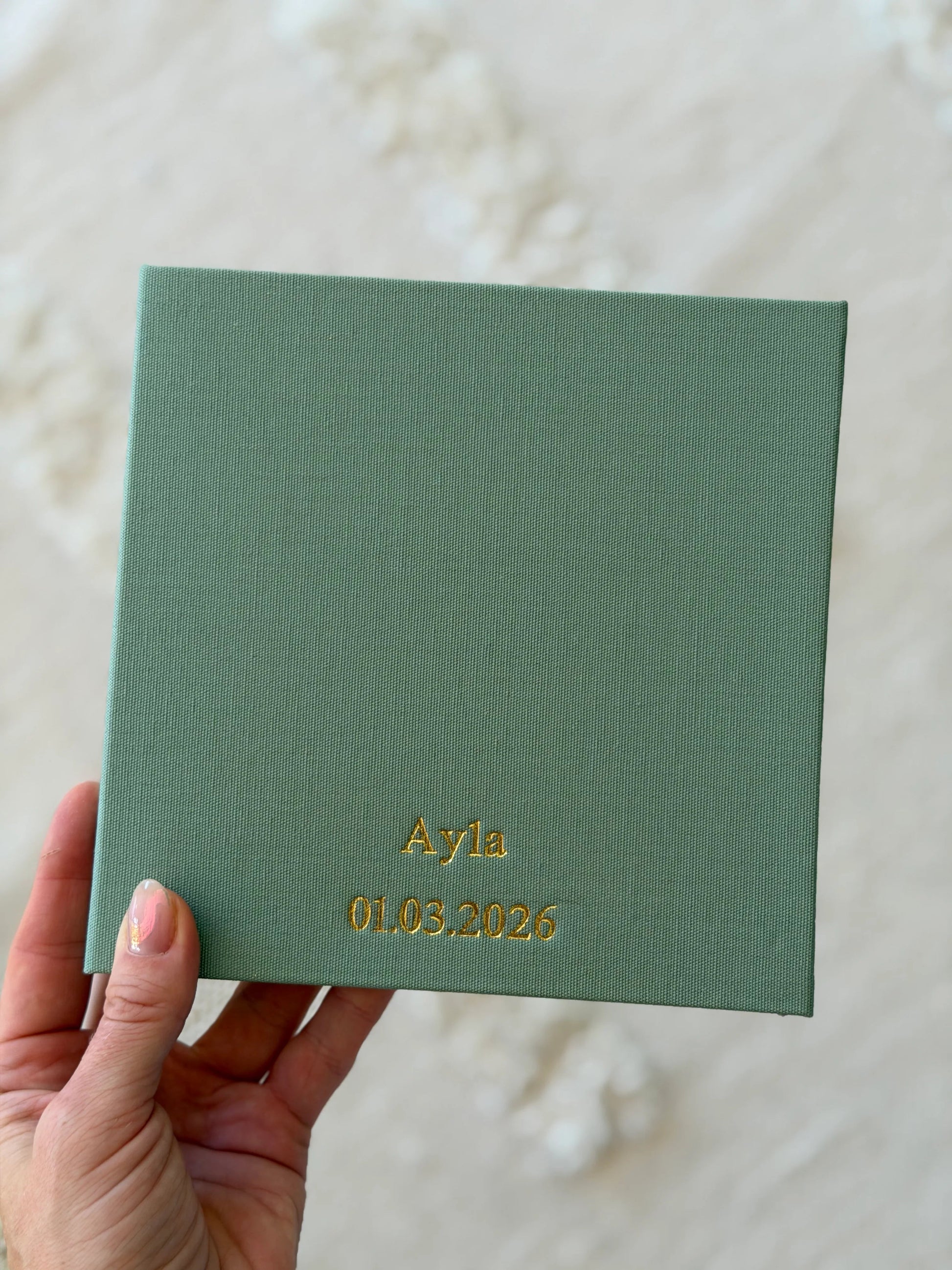 Matcha Travel Photo Album personalised with a name and date in gold foil