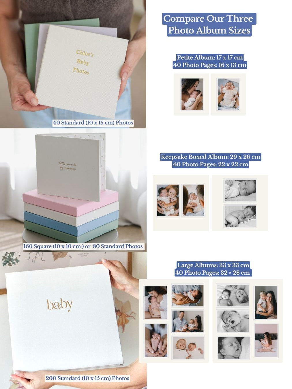Photo album size comparison: petite travel album 17 x 17 cm, keepsake boxed album 29 x 26 cm, large album 33 x 33 cm