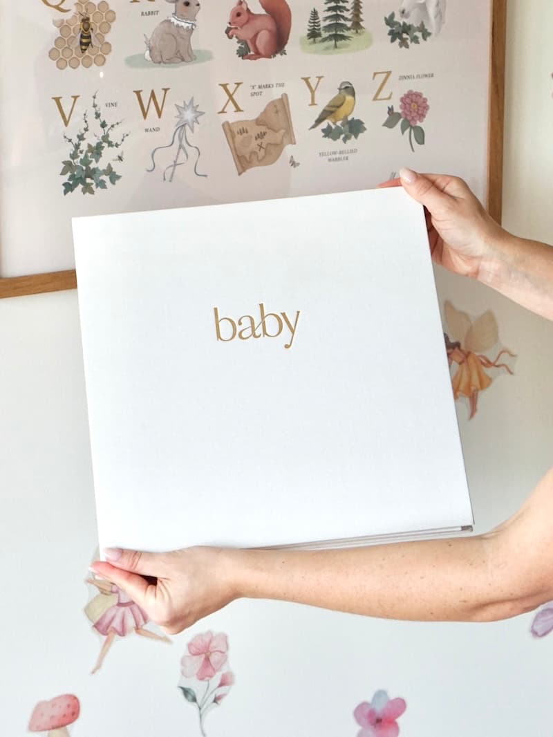 Ivory linen baby photo album from the Pregnancy to Baby Keepsake Gift Set
