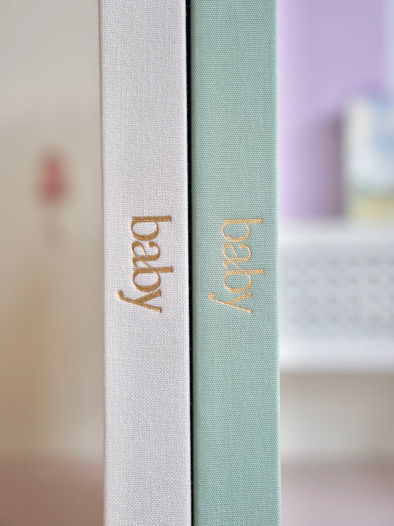 Ivory and sage green baby photo albums from the new mum keepsake gift set