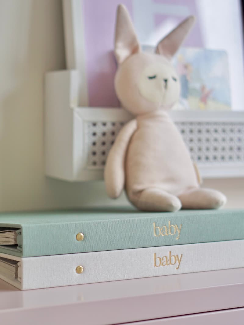 Baby photo album with milestone photos and keepsakes