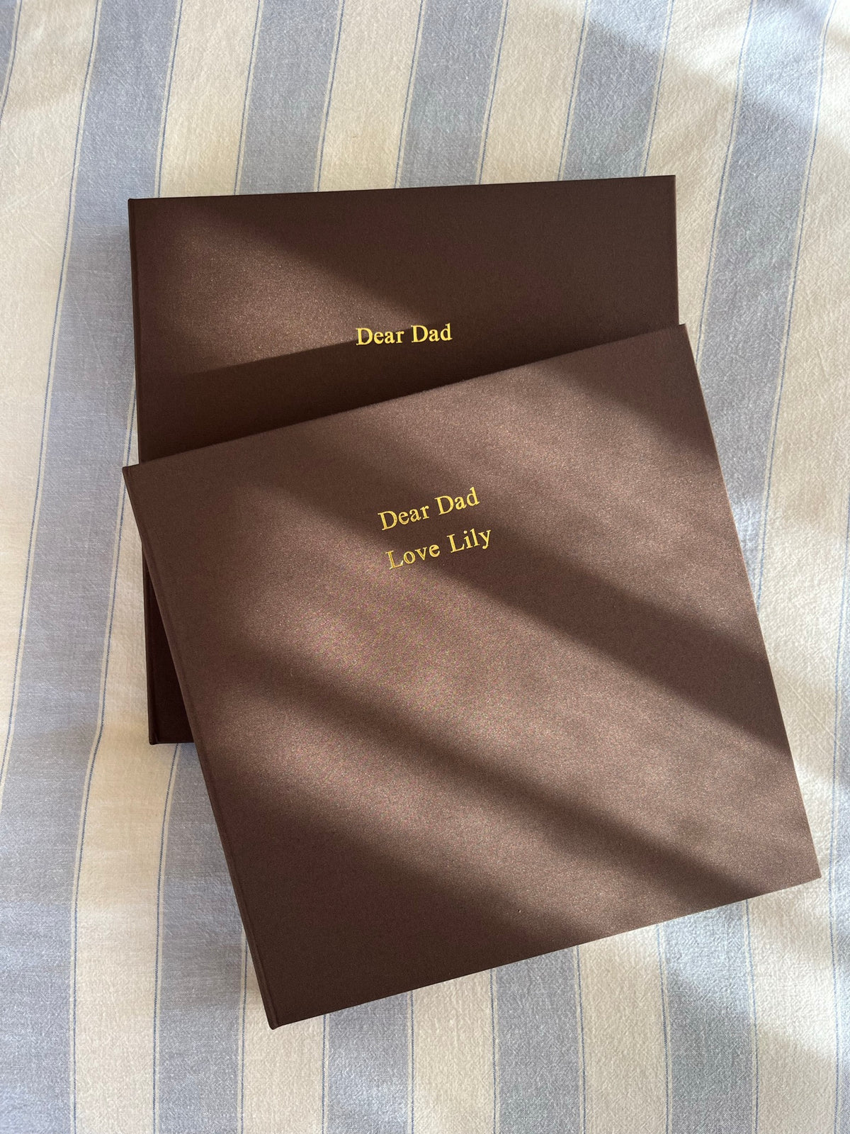 Cocoa bespoke linen photo album personalised Dear Dad Love Lily, a Father's Day keepsake