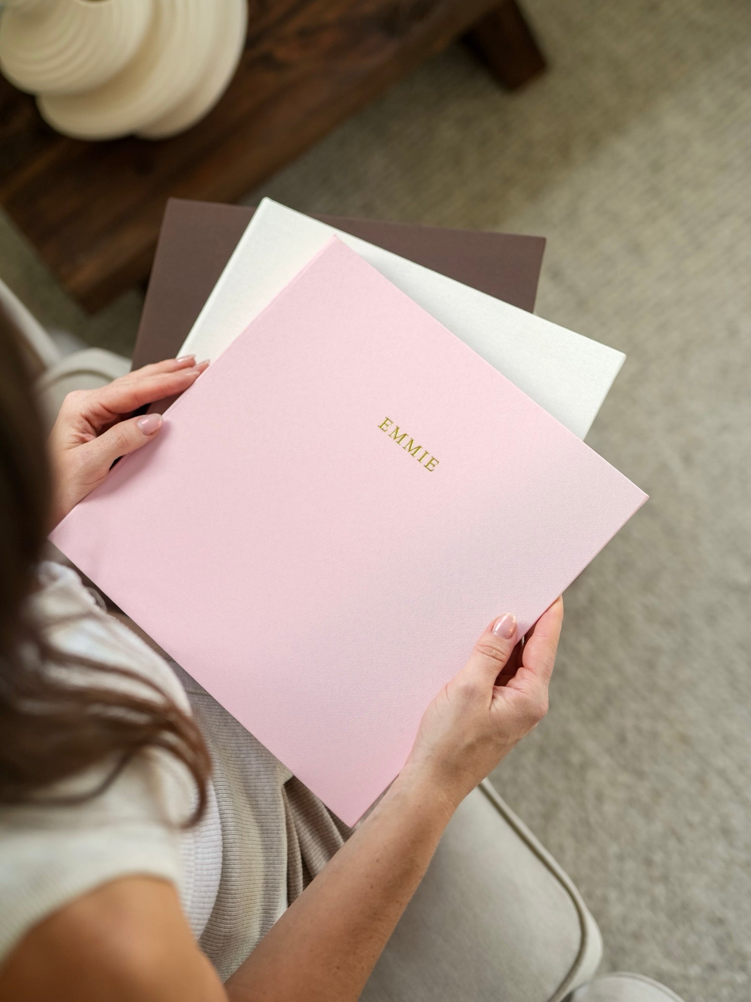 Rose linen bespoke photo album personalised with a name in gold foil
