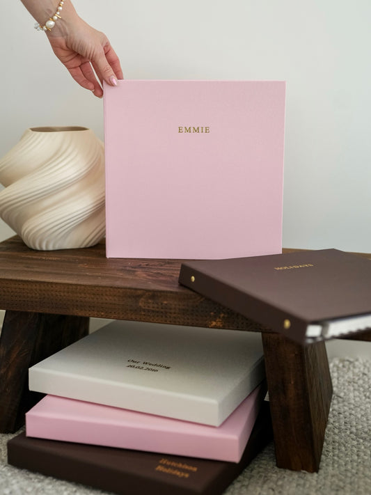 Bespoke keepsake album and matching linen box in Cocoa, Ivory and Rose