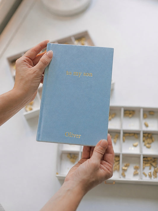 To My Son personalised baby journal in vintage blue linen with gold foil classic cover